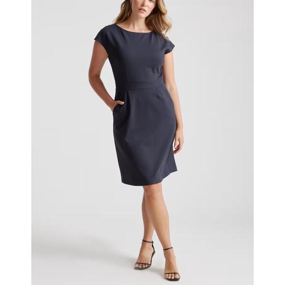 Quince NWT Ultra Stretch Ponte Cap Sleeve Dress Navy Blue Sheath Sml Classic - Picture 1 of 14